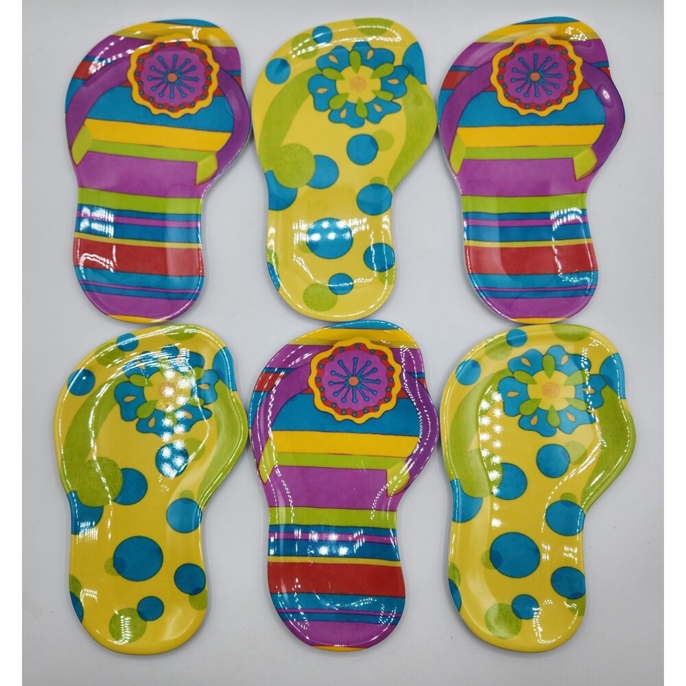 Flip Flop Sandal Plates Melamine Dessert Appetizer Pool Beach Summer Set of 6